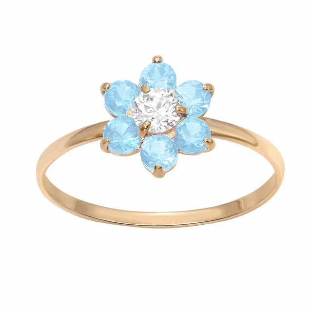 10KT Yellow Gold Aquamarine Childrens Birthstone Flower Ring; Size 3