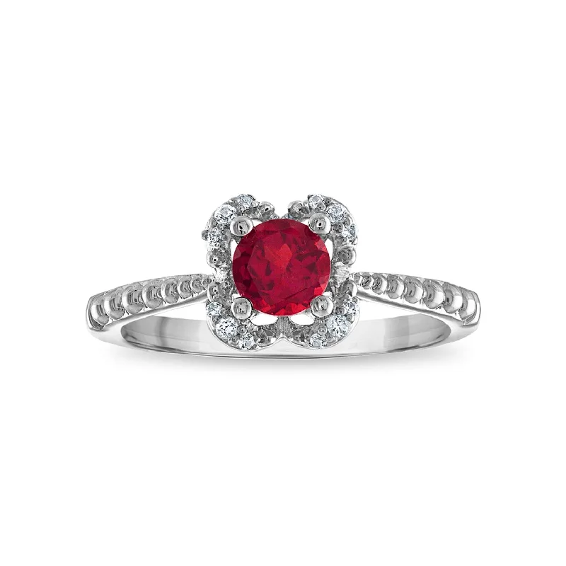 5MM Round Ruby and White Sapphire Birthstone Flower Halo Ring in Sterling Silver