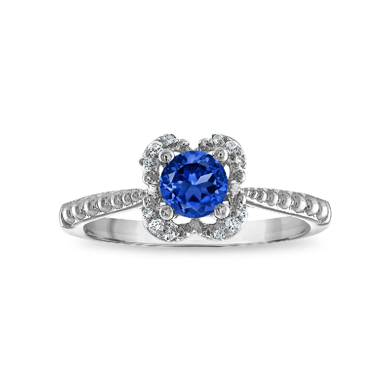 5MM Round Sapphire and White Sapphire Birthstone Flower Halo Ring in Sterling Silver