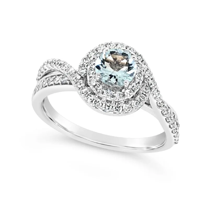 Aquamarine and Double Diamond Halo Ring