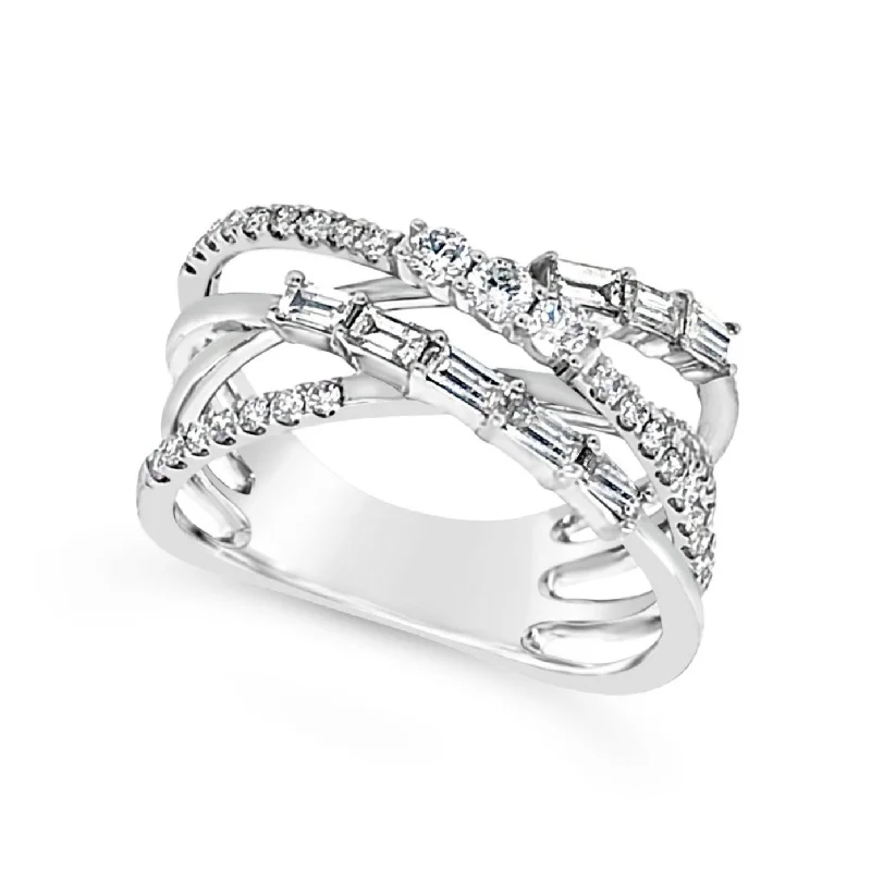 Seasonal Jewelry Deals – Elevate Your Style Round and Baguette Diamond Four Row Cross-Over Ring