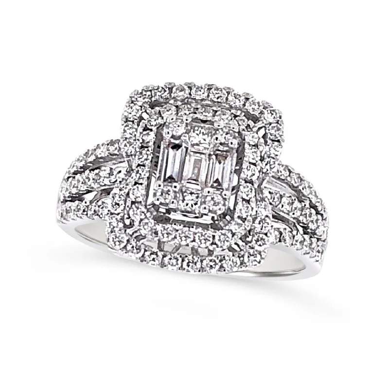 Breathtaking Jewelry, Breathtaking Prices Baguette and Round Diamond Double Halo and Triple Shank Ring