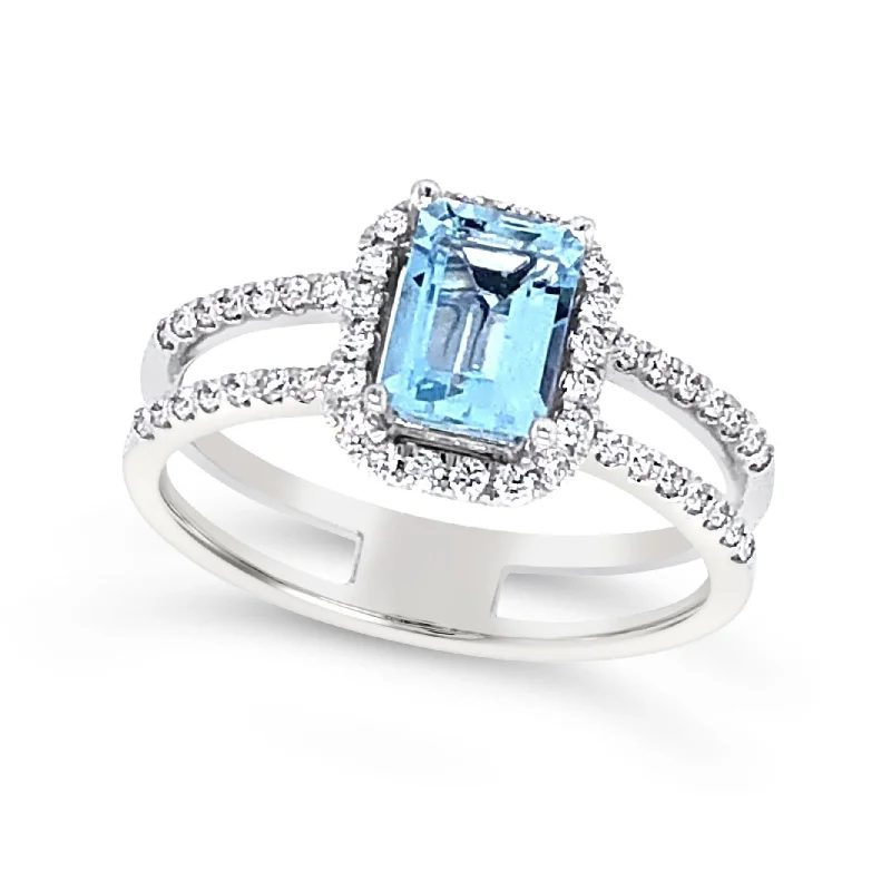 Jewelry Sale Alert – Shop Timeless Elegance Today Emerald Cut Aquamarine and Open Two Row Diamond Ring