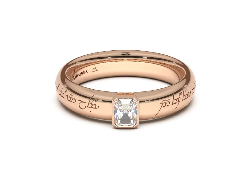 Customized Silver Jewelry For Unique Style Emerald Cut Elegant Elvish Engagement Ring, Red Gold