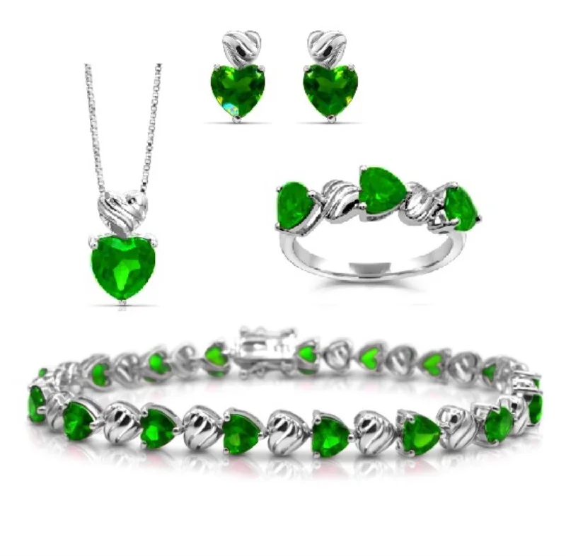 Simulated Emerald and Sterling Silver Ring Pendant Earrigns Bracelet Set