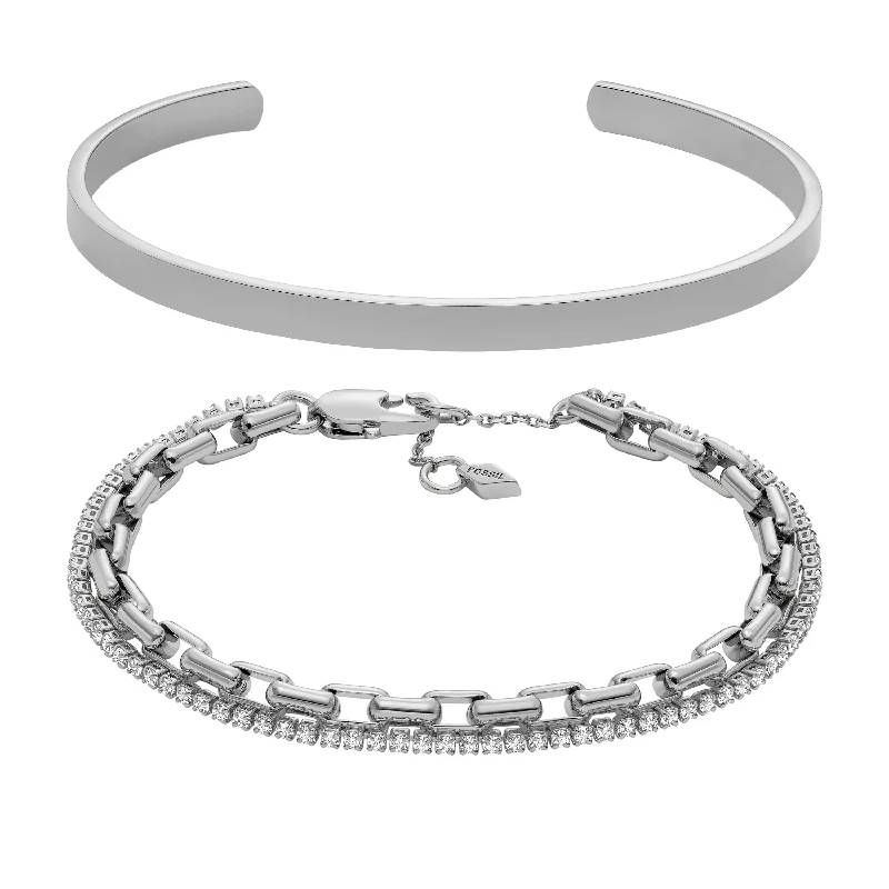 Fossil Women's Silver-Tone Brass Beaded Bracelet Gift Set