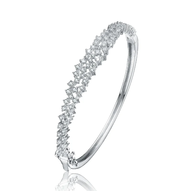 Ga Sterling Silver With Rhodium Plated Clear Round Cubic Zirconia Cluster Style Bangle Bracelet