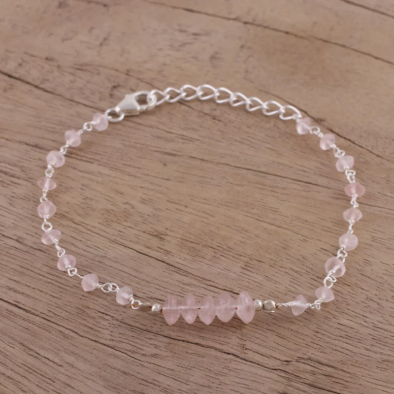 Luminous Pink Rose Quartz and Sterling Silver Link Bracelet from India