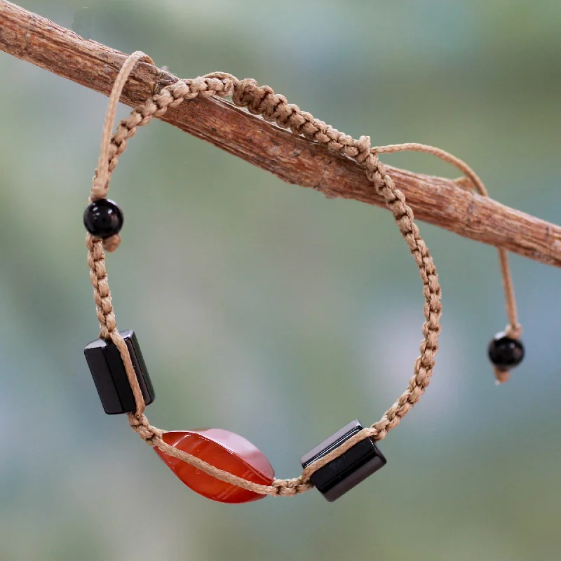 Midnight Flame Onyx and Red Agate Macrame Bracelet