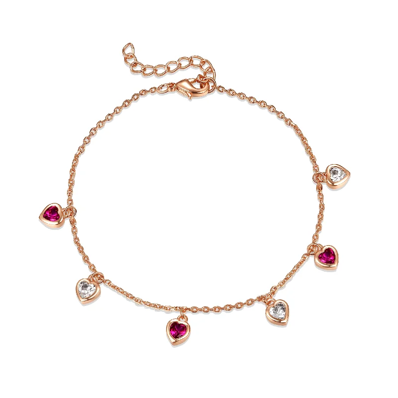 Ra 18k Rose Gold Plated With Ruby & Diamond Cubic Zirconia Heart Dangle Charm Adjustable Bracelet