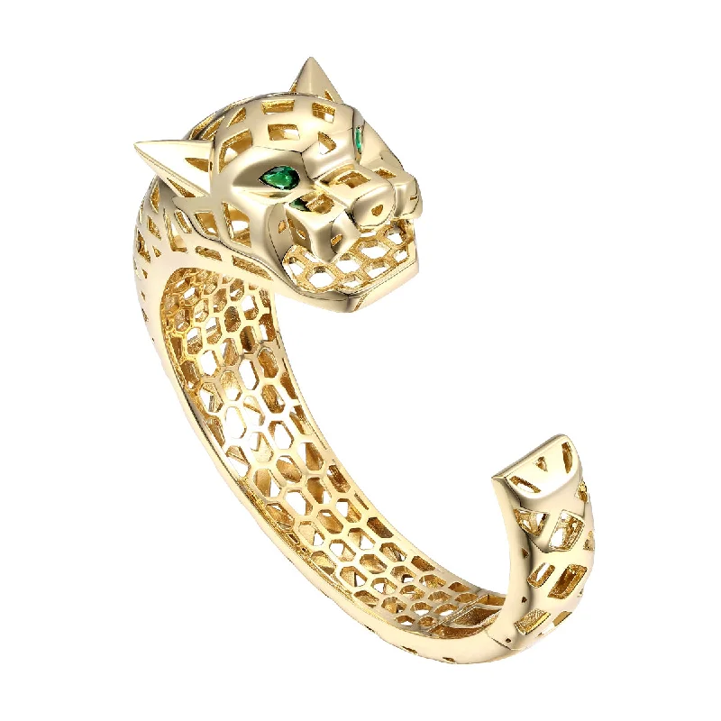 Rg 14k Gold Plated with Emerald Cubic Zirconia Jaguar Open Cuff Bangle Bracelet