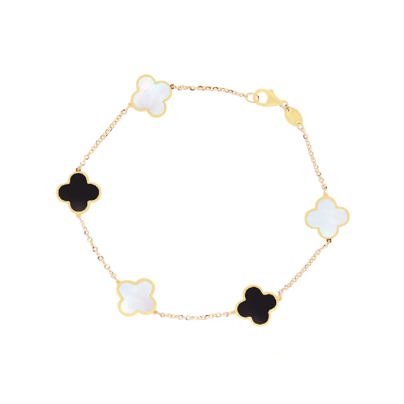 Small Mother of Pearl and Onyx Mixed Clover Bracelet