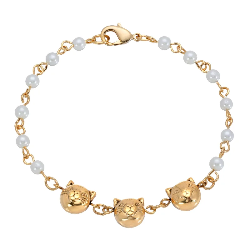 1928 Jewelry® Triple Cat Face With Pearl Chain Bracelet