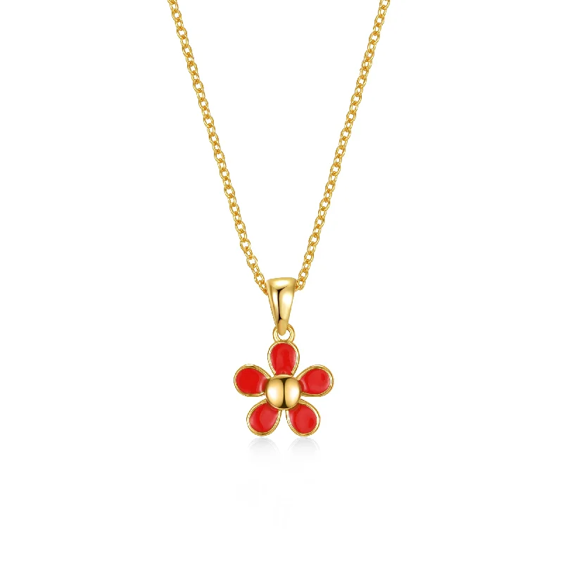 Ga 14k Yellow Gold Plated Red Enamel Blooming Flower Layering Necklace