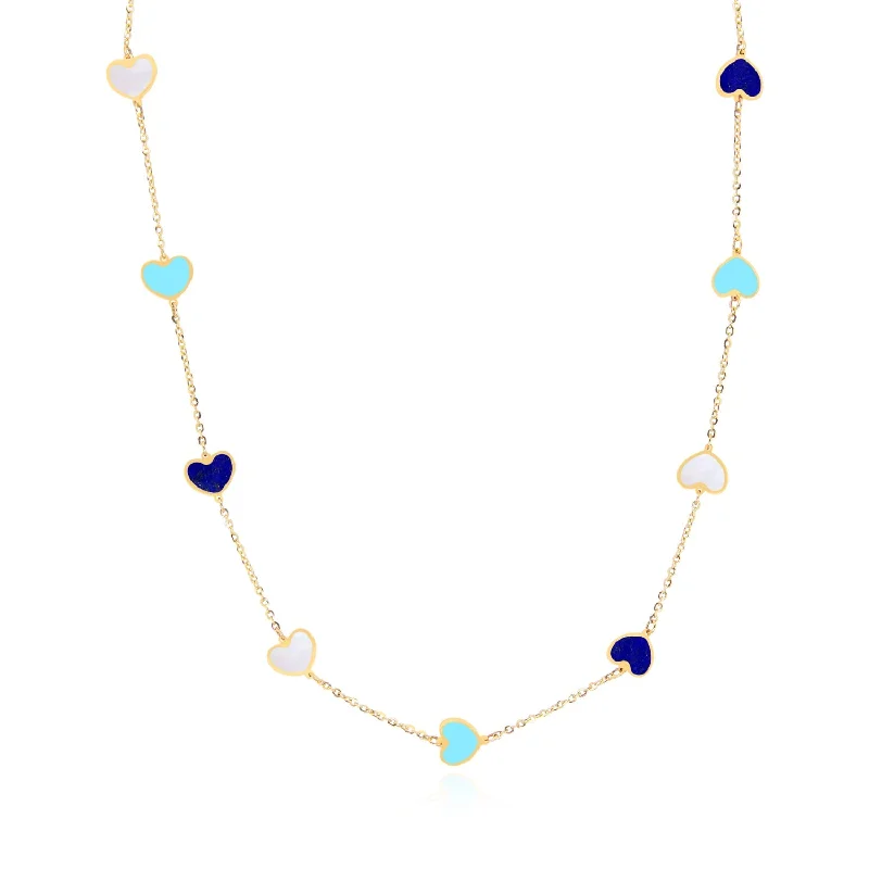 Mixed Blue Heart Station Necklace