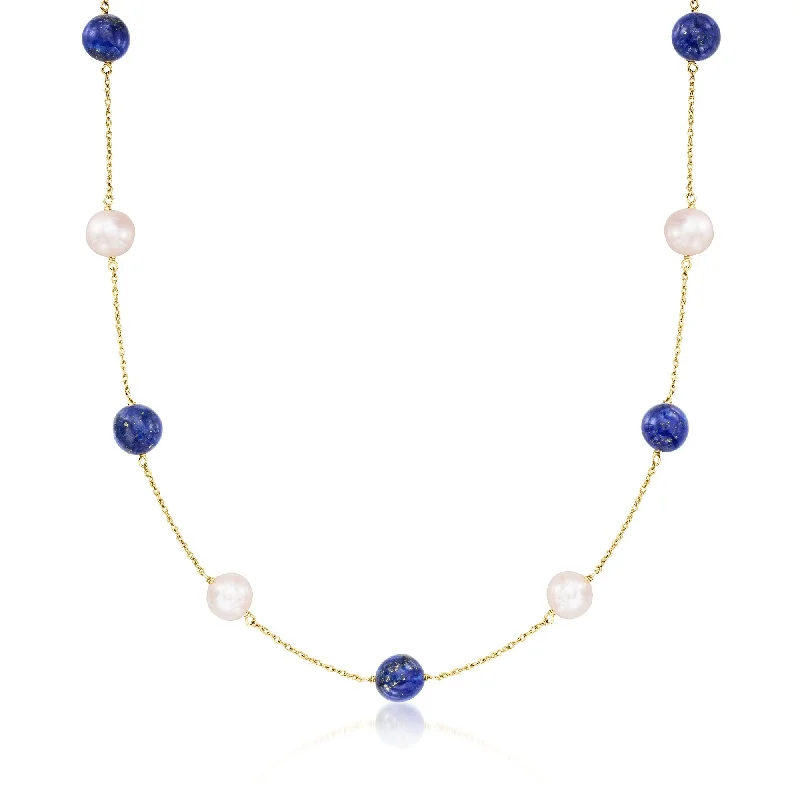 Ross-Simons 8-8.5mm Cultured Pearl and 8mm Lapis Bead Station Necklace in 14kt Yellow Gold