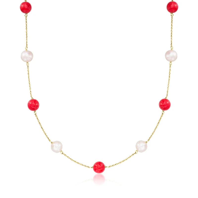 Ross-Simons 8-8.5mm Cultured Pearl and 8mm Red Coral Bead Station Necklace in 14kt Yellow Gold