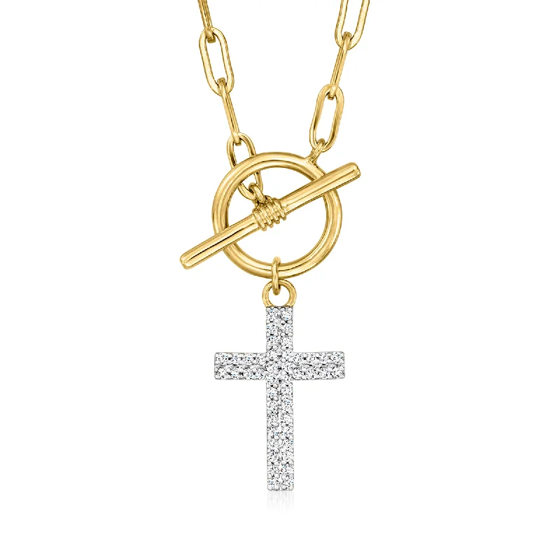 Ross-Simons Diamond Cross Paper Clip Link Toggle Necklace in 18kt Gold Over Sterling