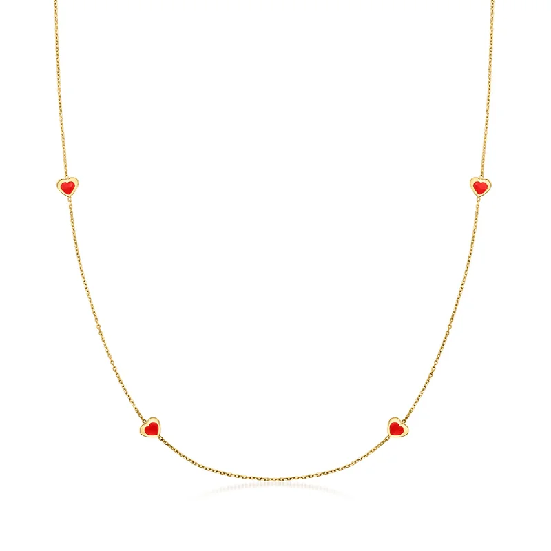 Ross-Simons Italian Red Enamel Heart Station Necklace in 14kt Yellow Gold