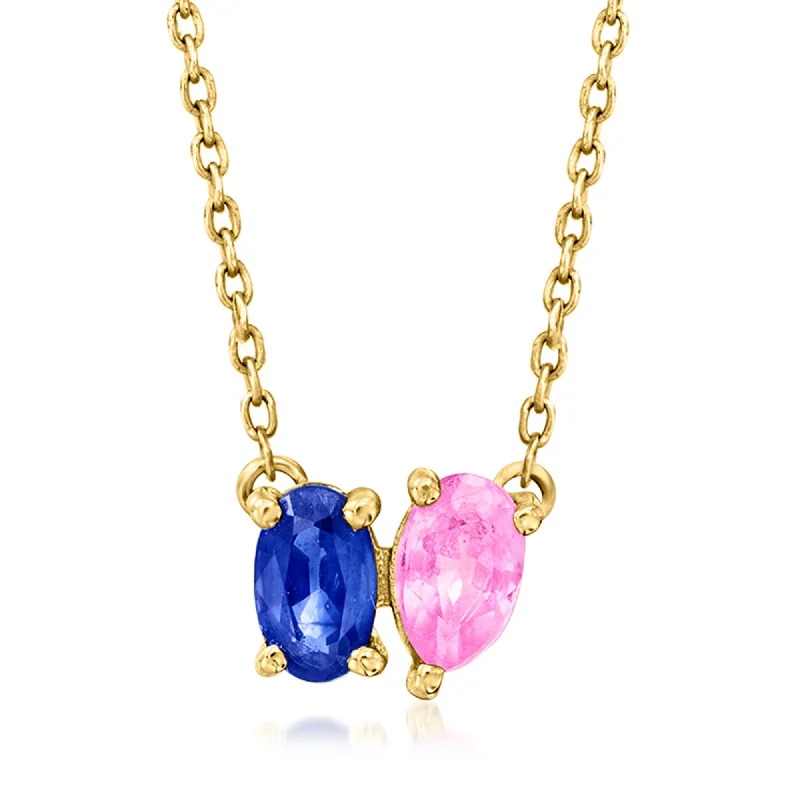 RS Pure by Ross-Simons Blue and Pink Sapphire Toi Et Moi Necklace in 14kt Yellow Gold