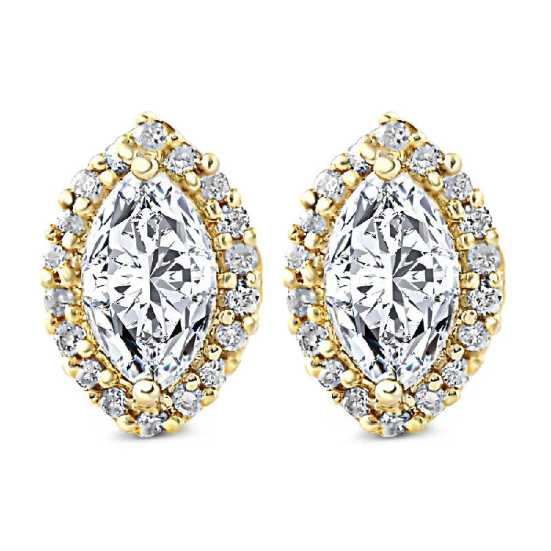 1/2Ct Marquise Halo Screw Back Diamond Studs White or Yellow Gold Earrings