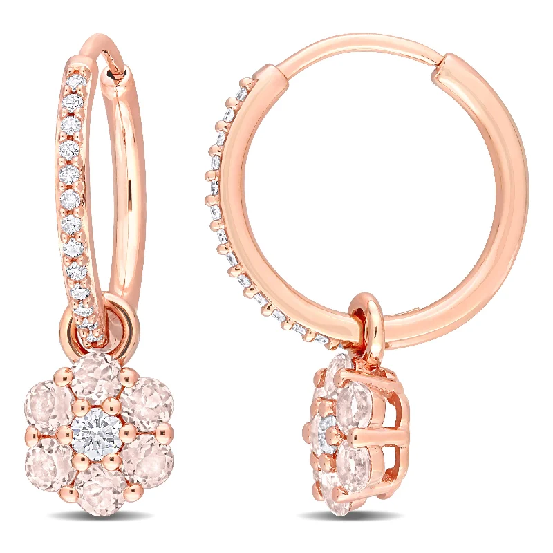 1 CT TGW White Topaz Morganite and 1/8 CT TW Diamond Floral Hoop Earrings in 10k Rose Gold