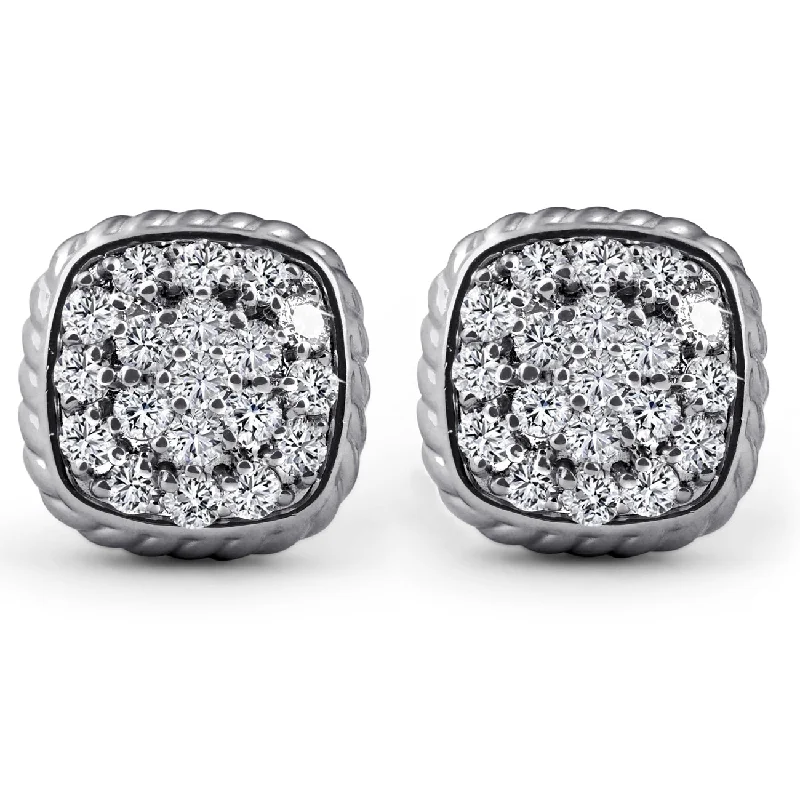 1ct Pave Diamond Cushion Shape Studs Braided Border Earrings 14k White Gold