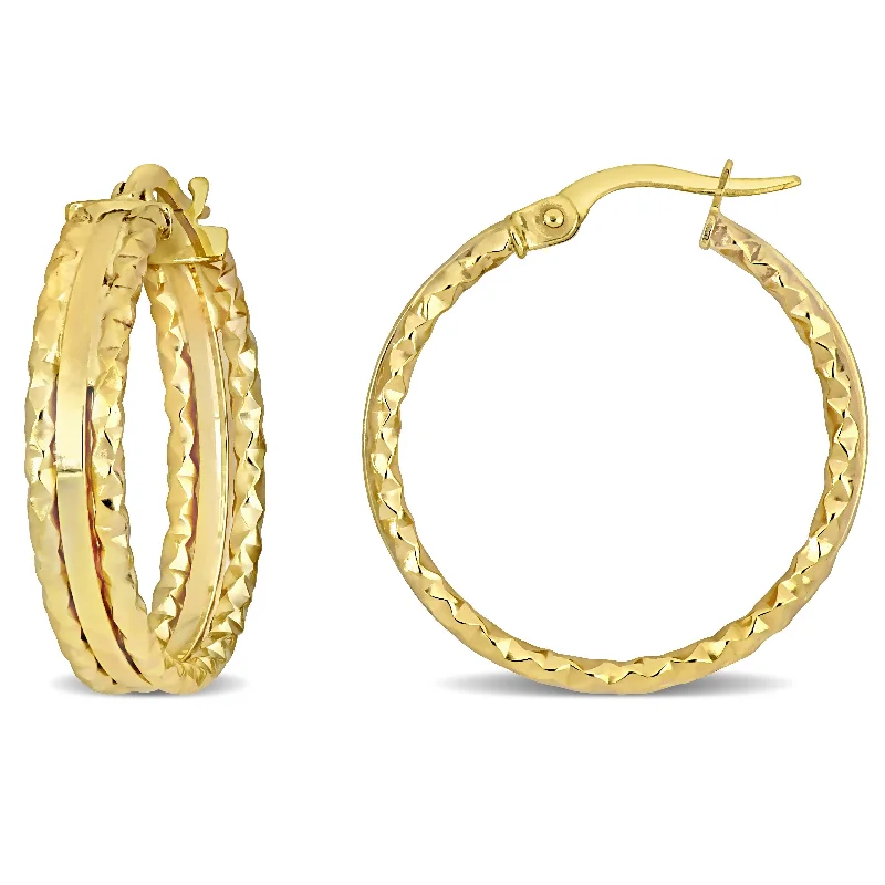 25 MM 3-Row Texture and Polished Hoop Earrings in 10K Yellow Gold