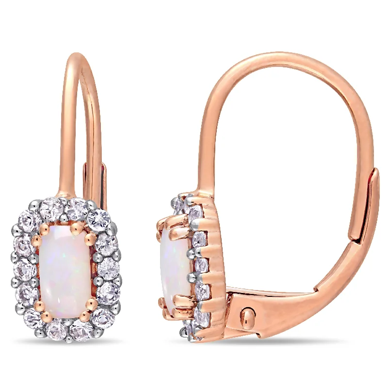 5/8 CT TGW Opal White Sapphire Halo Leverback Earrings in 10K Rose Gold