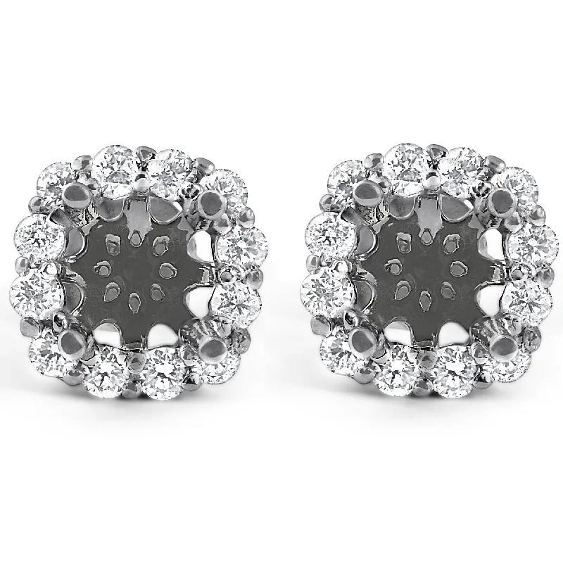 5/8ct Diamond Cushion Halo Studs Mounting Fits 5.5-6.5mm Round Stones 14k White Gold