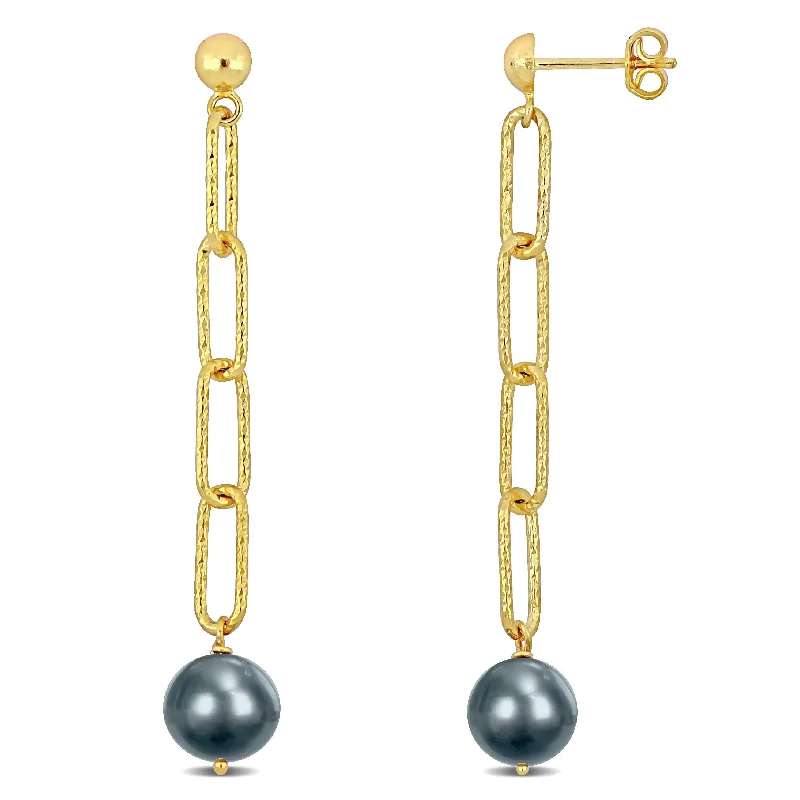 9-10mm Grey Cultured Freshwater Pearl Oval Link Earrings in 18k Yellow Gold Plated Sterling Silver