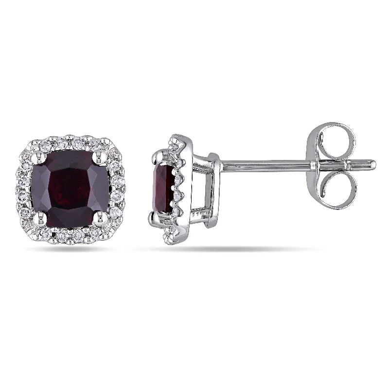 Cushion Cut Garnet and 1/10 CT TW Diamond Halo Earrings in 10k White Gold