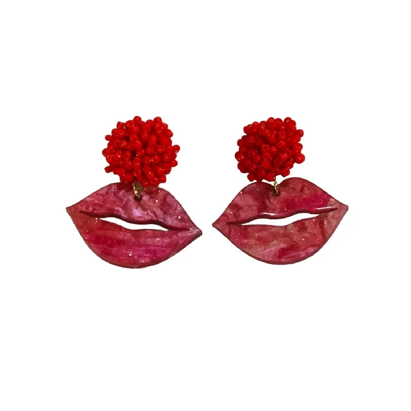 Frosted Lip Earrings With Seed Bead Topper In Red