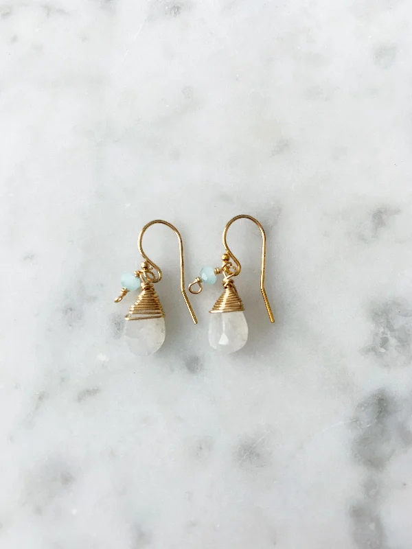 Jill Short Drop Earring in Rainbow Moonstone with Chalcedony Drop