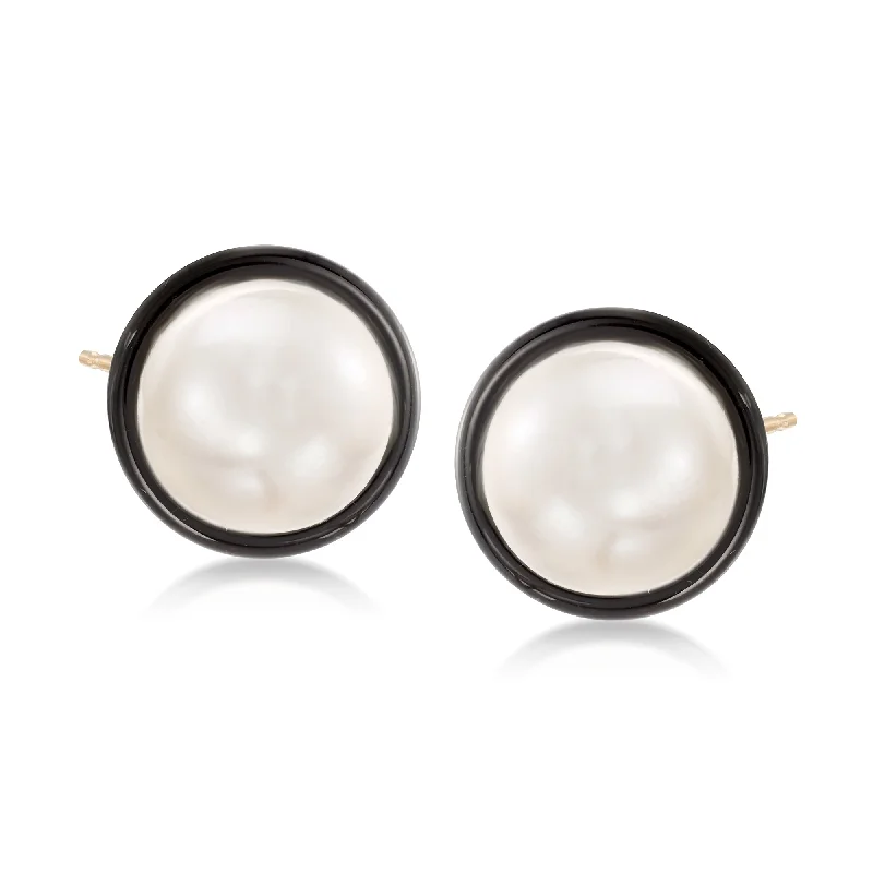 Ross-Simons 10mm Cultured Pearl and Black Onyx Earrings in 14kt Yellow Gold