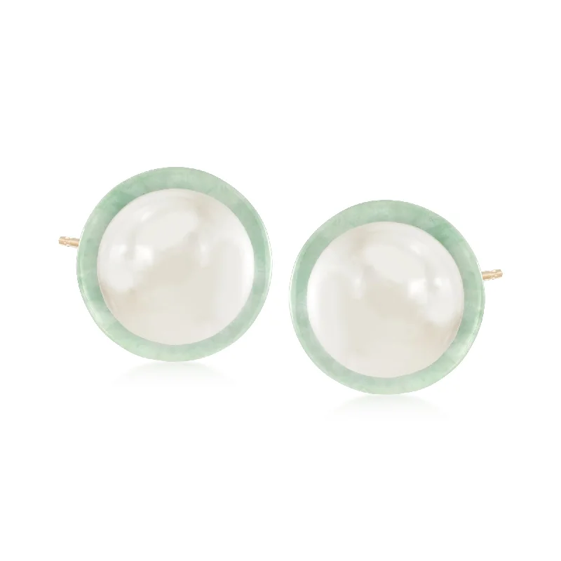 Ross-Simons 9.5-10mm Cultured Pearl and Jade Earrings in 14kt Yellow Gold