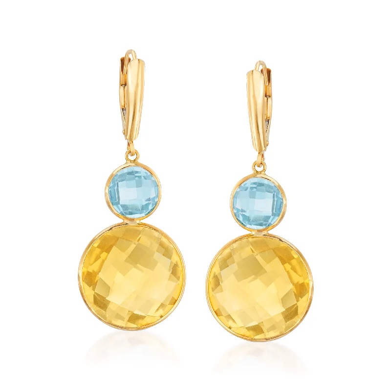 Ross-Simons Citrine and Sky Blue Topaz Drop Earrings in 14kt Yellow Gold