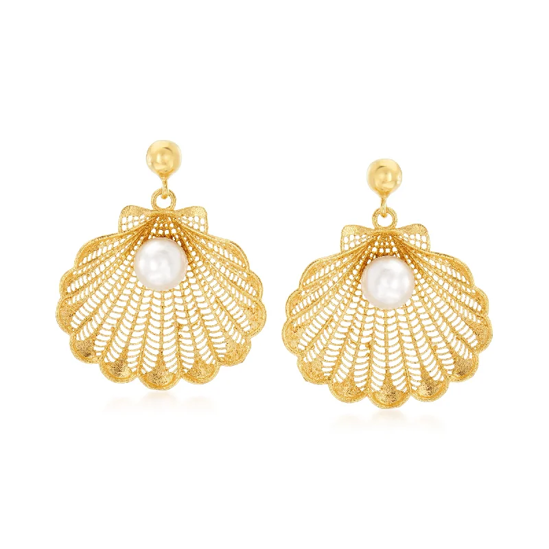 Ross-Simons Italian Cultured Pearl Seashell Drop Earrings in 18kt Gold Over Sterling Silver