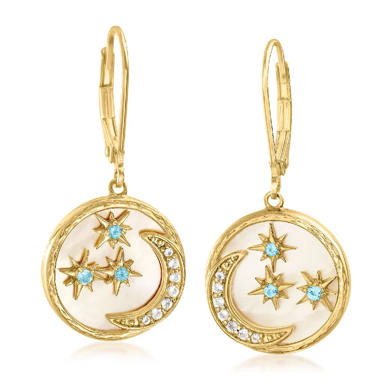 Ross-Simons Mother-Of-Pearl and . White and Swiss Blue Topaz Moon and Stars Drop Earrings in 18kt Gold Over Sterling