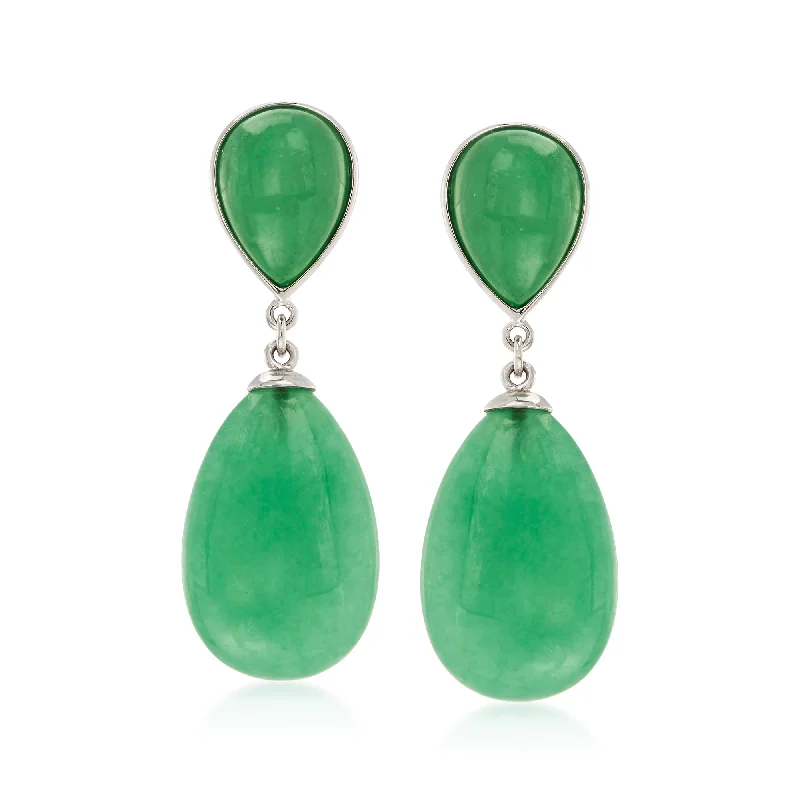 Ross-Simons Pear-Shaped Green Jade Drop Earrings in Sterling Silver