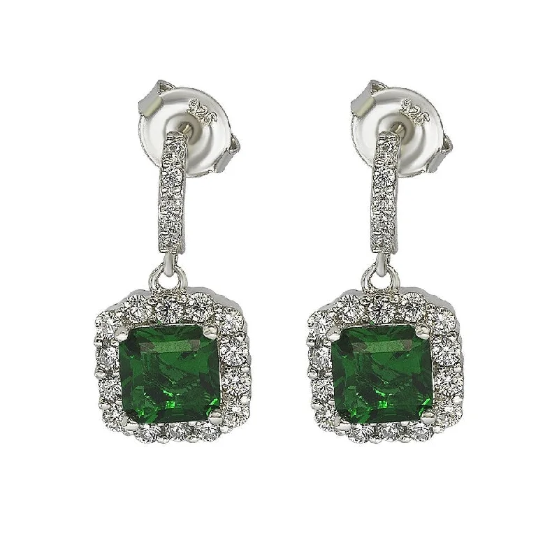 Suzy Levian Sterling Silver Green and White Cubic Zirconia Asscher Cut Drop Earrings