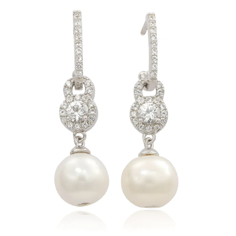 Suzy Levian Sterling Silver Pearl & White Sapphire Halo Drop Earrings