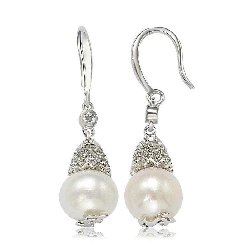 Suzy Levian Sterling Silver Pearl & White Sapphire Hook Earrings