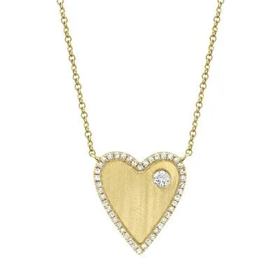 14K Yellow Gold Diamond Halo Satin Heart Necklace