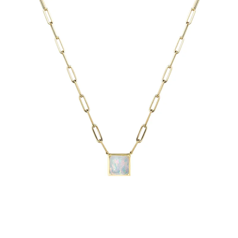 Square Shaped Opal Pendant with Paperclip Chain