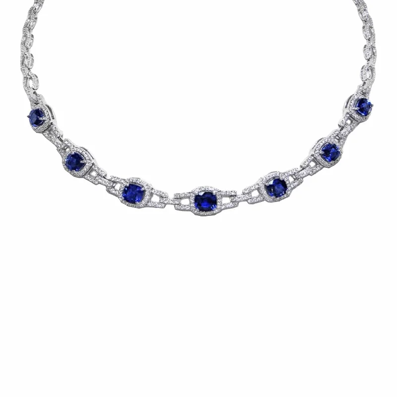 Sri Lanka Blue Sapphire & Diamond Chain Link Necklace