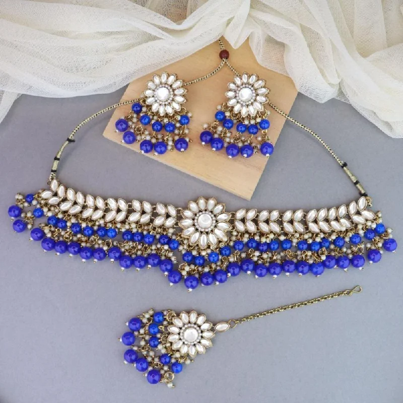 Shop Dazzling Jewelry At The Best Prices Etnico 18K Gold Plated Traditional Kundan Studded Blue Pearl Hanging Choker Necklace Jewellery Set With Earrings & Maang Tikka For Women & Girls (K7232Bl)