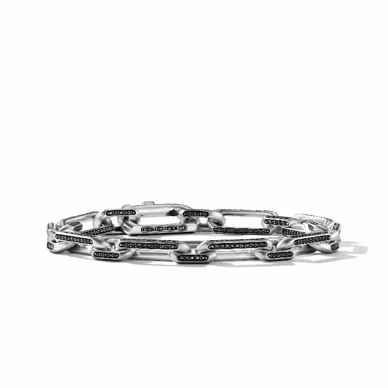 Elongated Open Link Chain Bracelet in Sterling Silver with Pave Black Diamonds