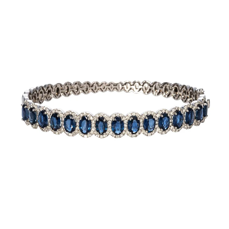 Oval Sapphire & Diamond Halo 14K White Gold Bangle