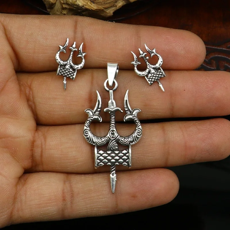 925 pure silver handmade idol shiva trident trishul shape designer stylish pendant and stud set, amazing gifting daily use jewelry ssp335